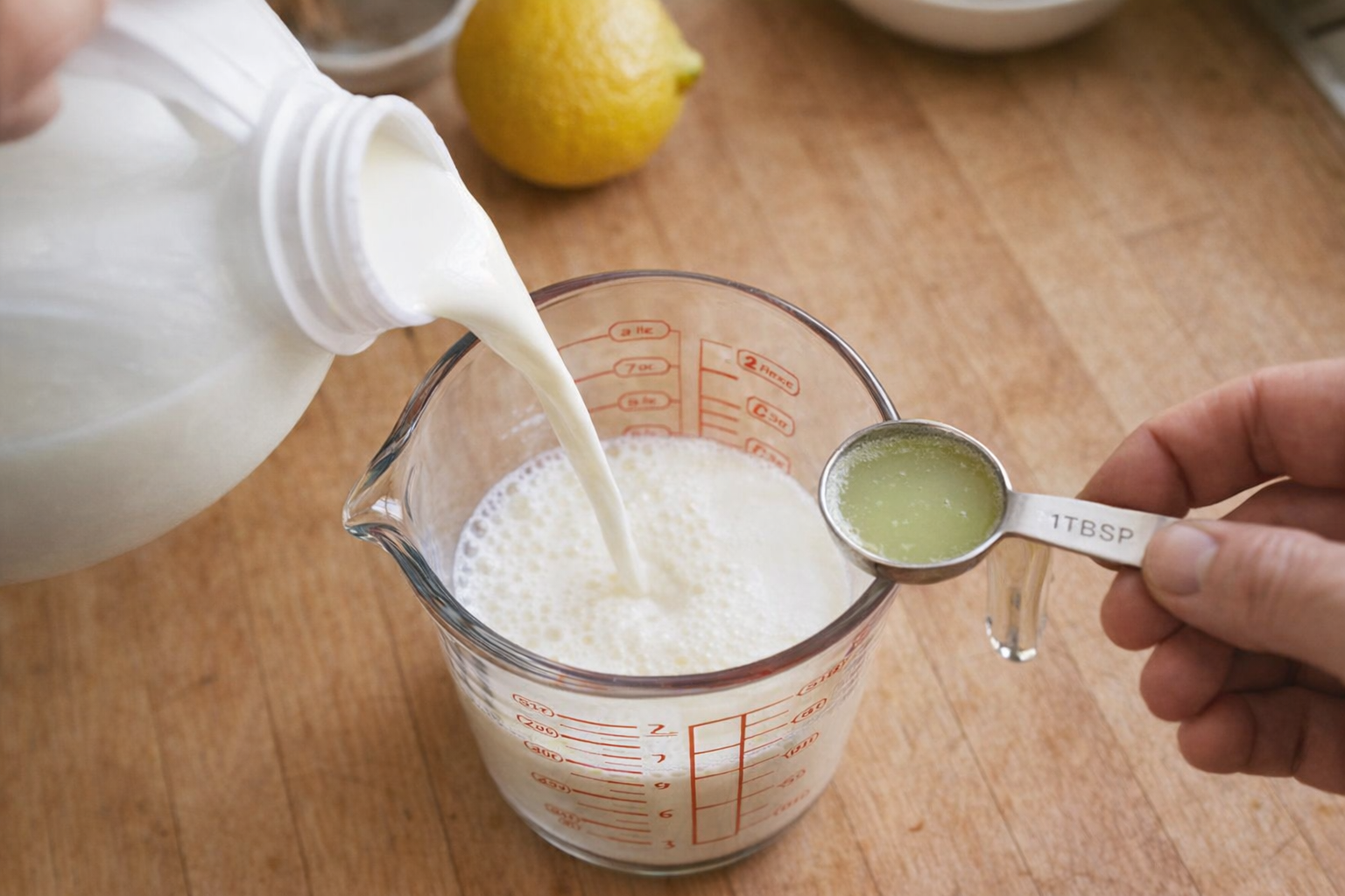 Close-up shot of measuring ingredients for homemade buttermilk, including milk being poured into a glass measuring cup and a tablespoon filled with lemon juice, natural light, overhead angle